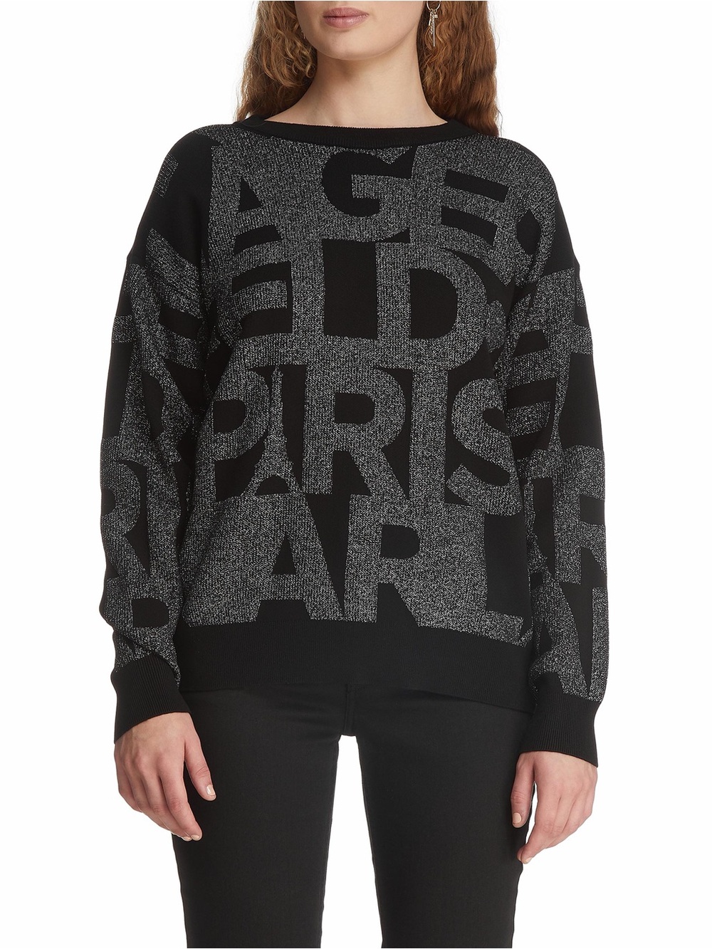 NWOT Karl Lagerfeld Paris Black Metallic Logo Crewneck Sweater